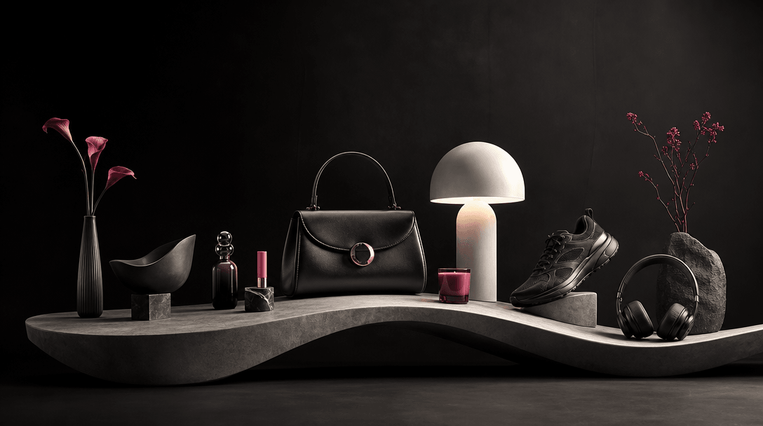 A coordinated collection of different products arranged along one continuous rolling sculptural platform, each item rece