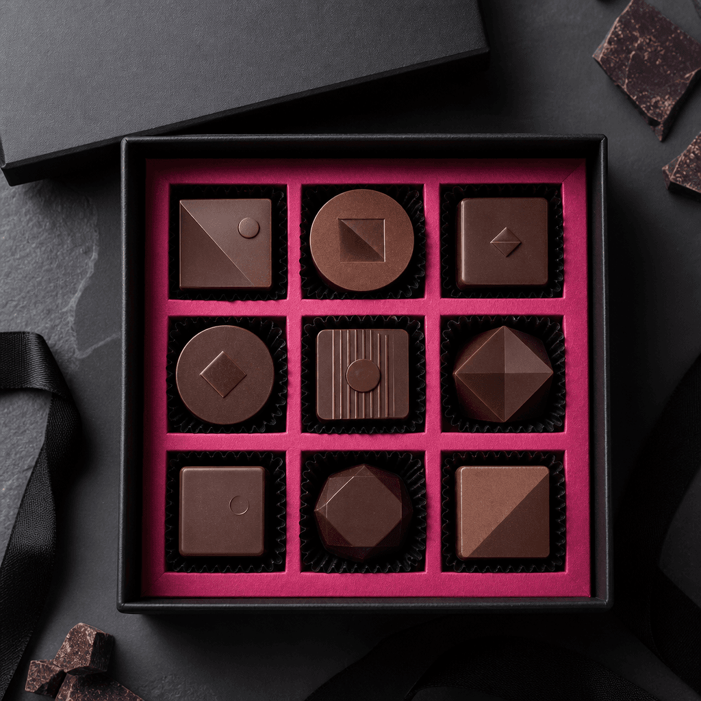 Top-down luxury chocolate gift box containing geometric dark and milk chocolates, each molded with a minimal abstract br