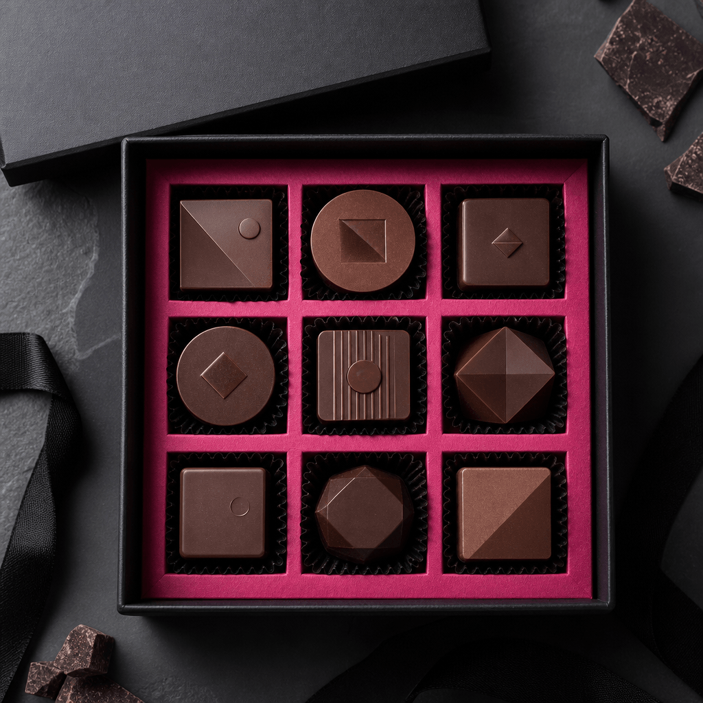 Top-down luxury chocolate gift box containing geometric dark and milk chocolates, each molded with a minimal abstract br