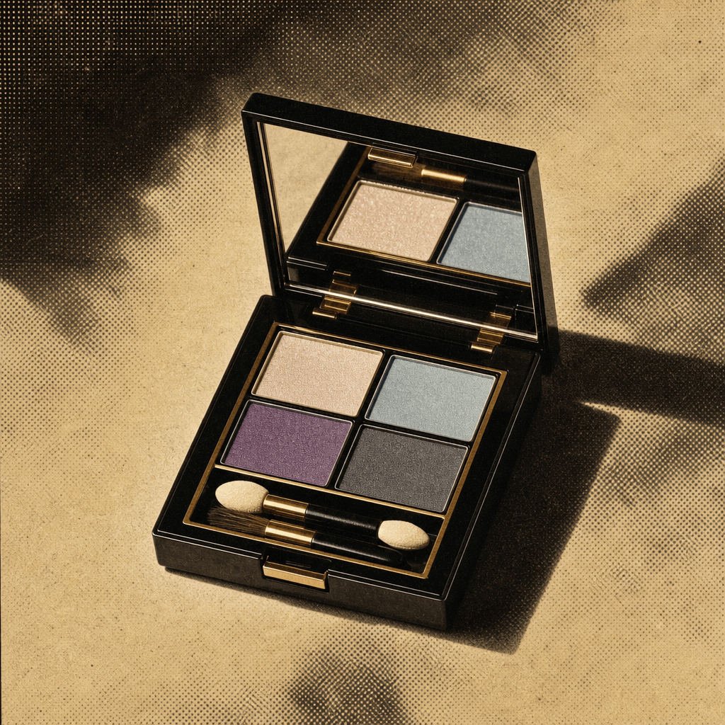 An open eyeshadow compact palette photographed in a 1960s newspaper advertisement aesthetic. Halftone dot screening laye