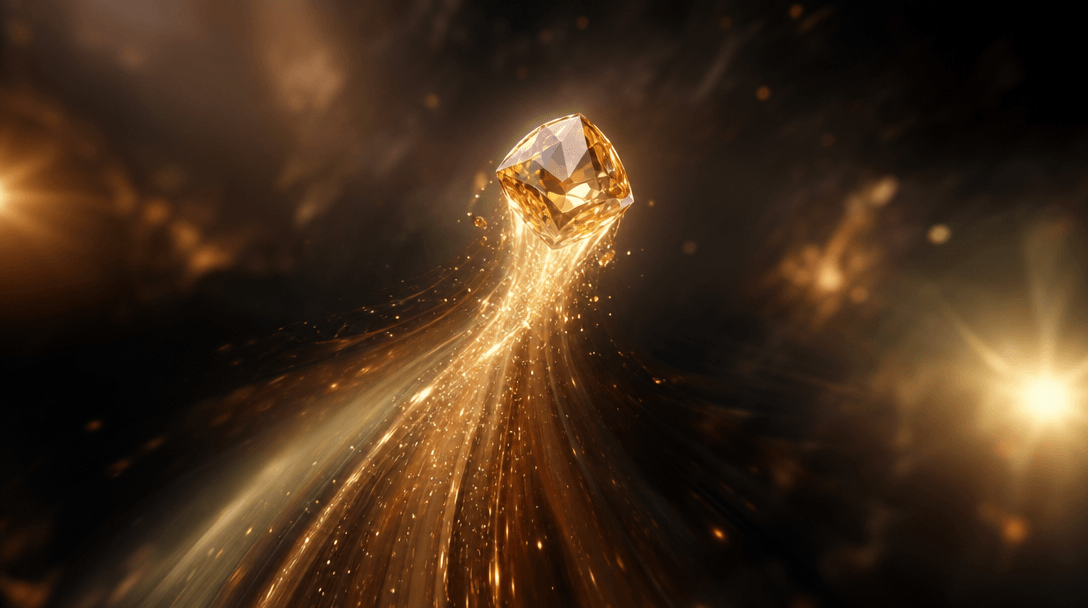 Cinematic motion abstract: jewel-like object lifting upward with trailing light particles and motion blur, warm spotligh
