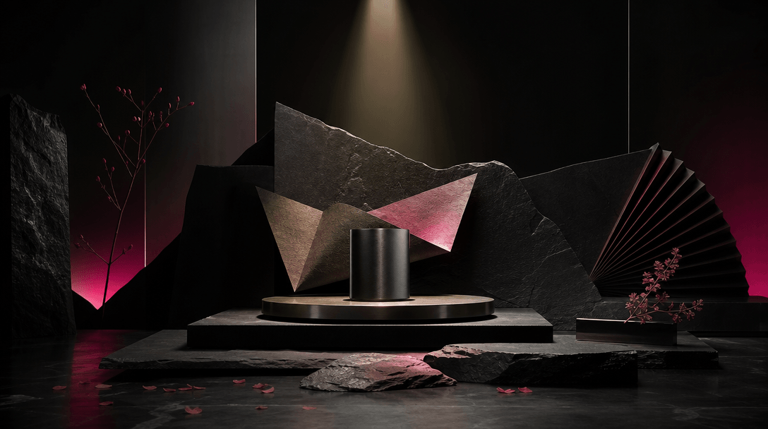 A refined product-stage concept made from black stone slabs, brushed metal, folded paper, botanical fragments, and a sin