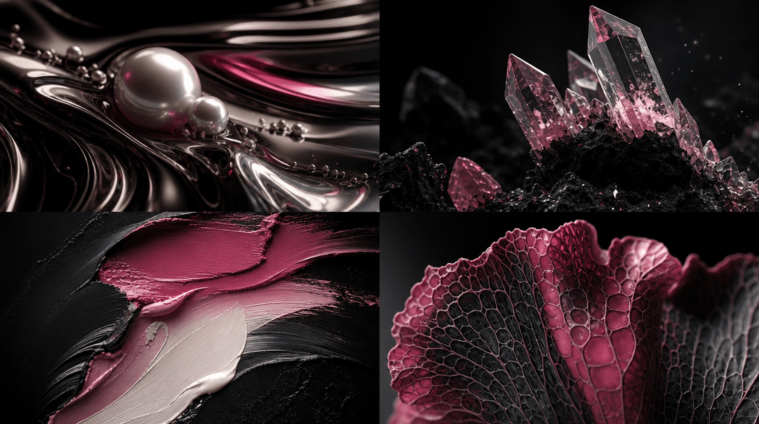 Four coordinated abstract beauty campaign environments arranged as a seamless cinematic composition: liquid pearl, cryst