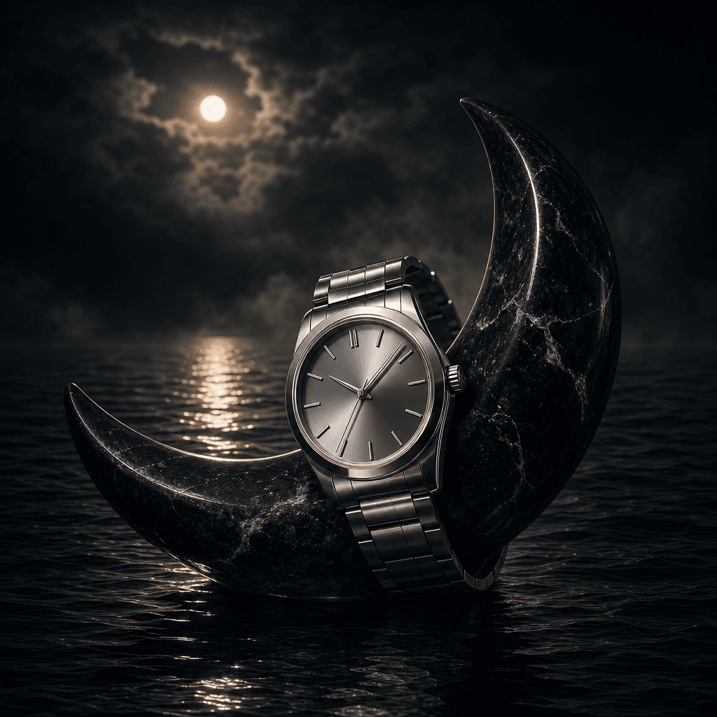 A silver wristwatch resting on a crescent-shaped polished stone above a silent black ocean, with delicate ripples reflec