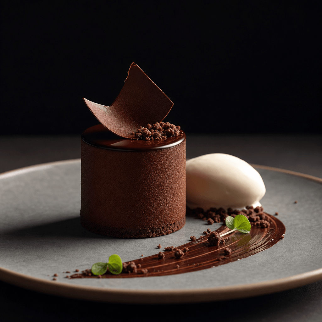 Elegant plated dessert with dramatic side lighting, minimalist composition, professional restaurant menu photography, da
