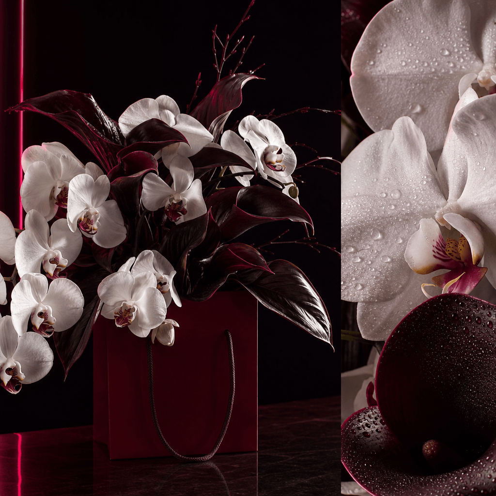 A sophisticated white orchid and calla lily arrangement in a deep burgundy florist bag, with a macro botanical panel emp