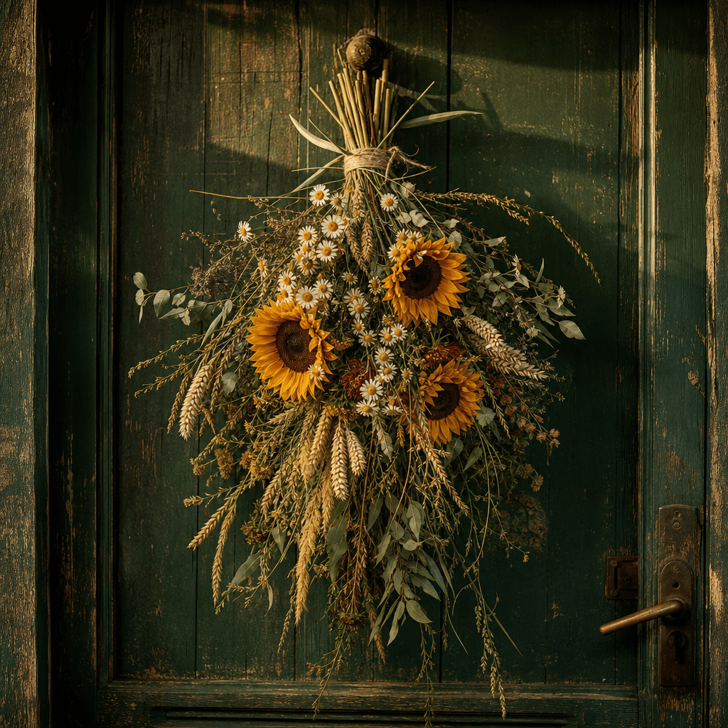A wild seasonal bouquet hanging from a rustic green wooden door, filled with sunflowers, chamomile, wheat, textured gras