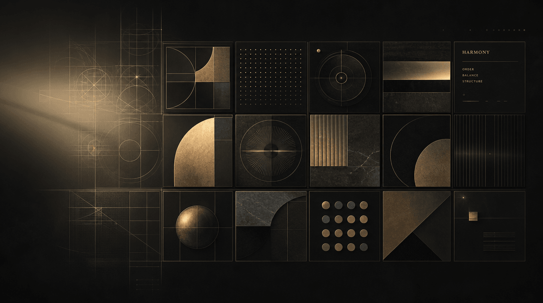 Beautiful grid composition coming into focus: abstract geometric patterns and layouts assembling from light into sharp,