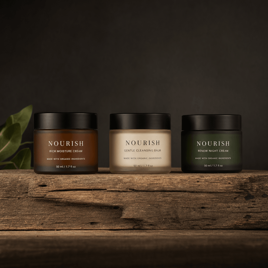 Skincare jar set on rustic shelf with minimal dark background, professional beauty product photography, studio lighting