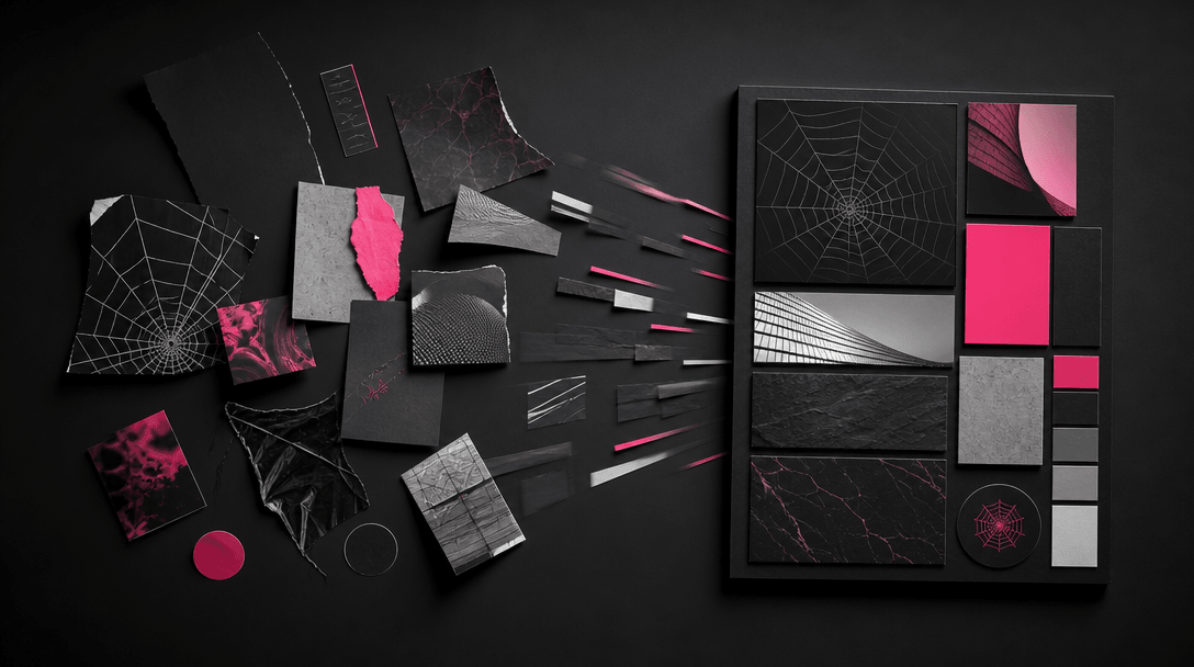An abstract transformation from scattered web-inspired fragments into one organized brand board, represented by paper te
