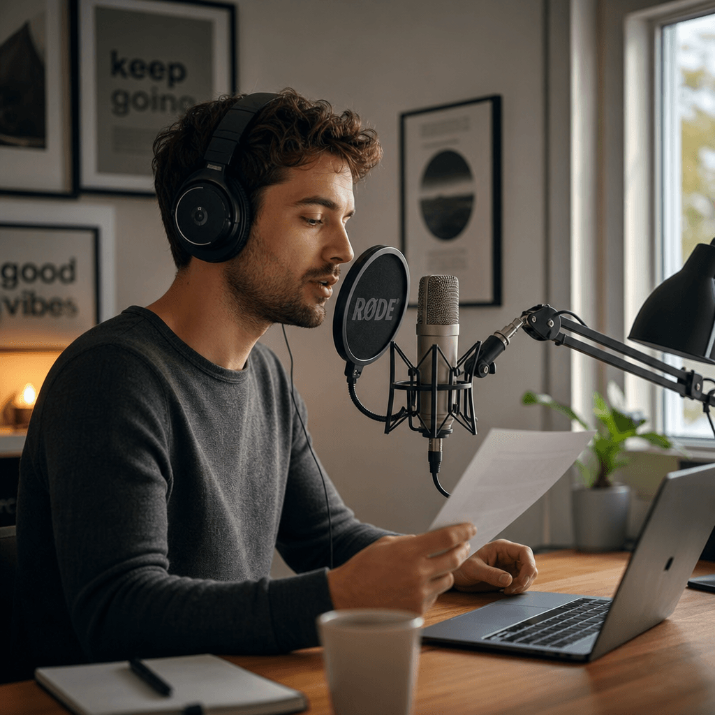 Person at home recording voice-over with professional microphone, natural window lighting, focused creative expression,