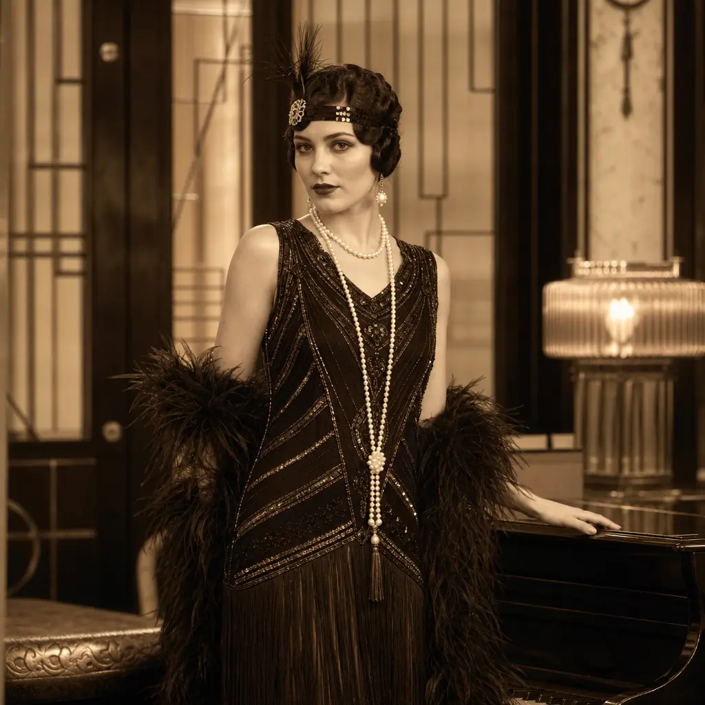 Woman in 1920s flapper dress, styled vintage hair, art deco interior background, warm golden lighting, sepia-toned color
