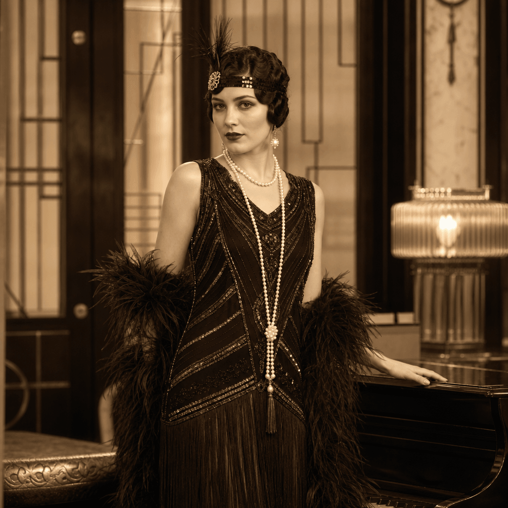Woman in 1920s flapper dress, styled vintage hair, art deco interior background, warm golden lighting, sepia-toned color