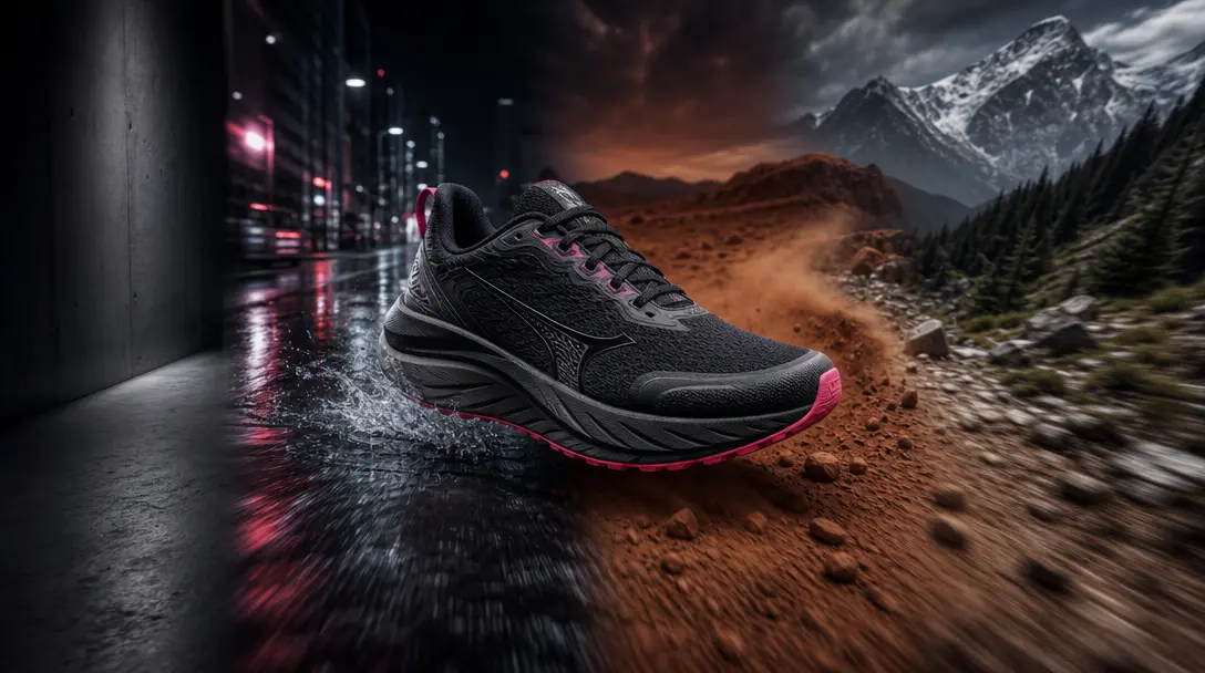 A single athletic shoe moving through a continuous landscape where polished studio concrete becomes wet city pavement, t