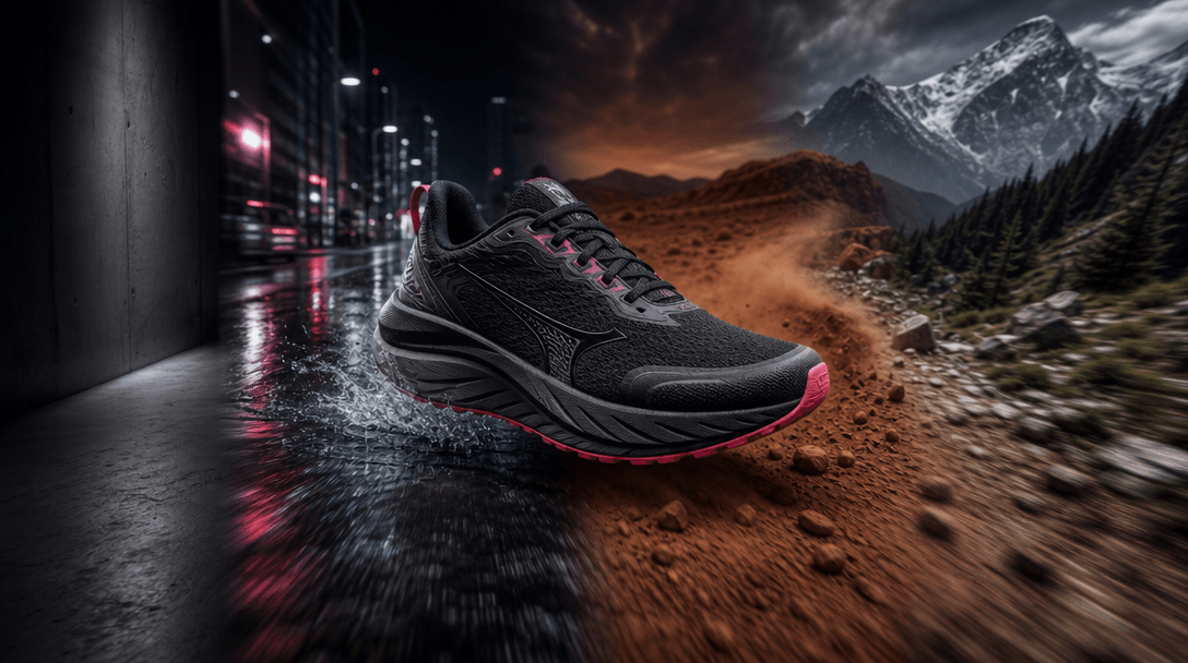 A single athletic shoe moving through a continuous landscape where polished studio concrete becomes wet city pavement, t
