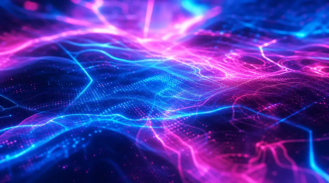 Abstract neon light patterns and glowing plasma textures, electric blue and hot pink color gradients, digital holographi