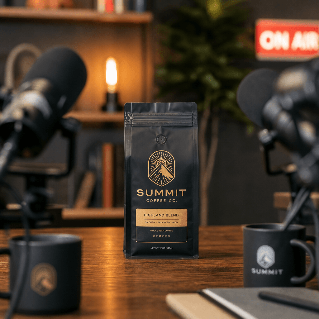 Product being discussed in podcast video frame, microphone in soft focus foreground, product centered with studio lighti