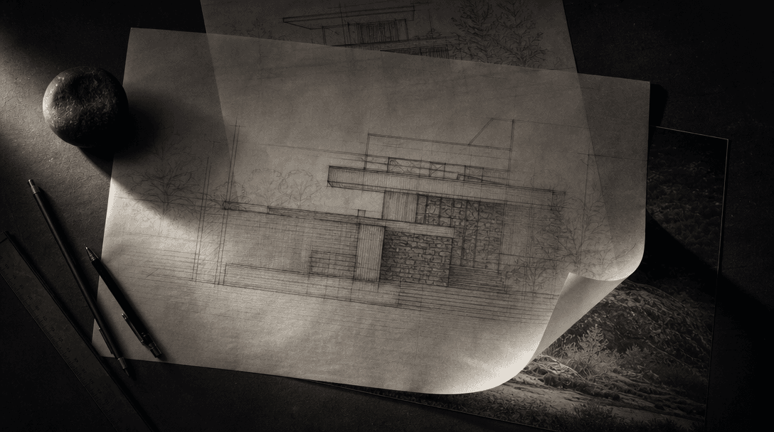Overhead editorial flatlay on a deep dark surface: architectural tracing paper covered in sharp pencil elevation lines a