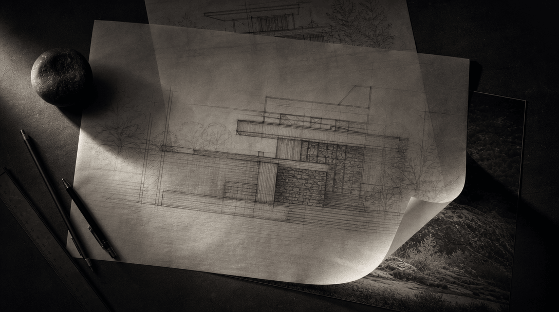Overhead editorial flatlay on a deep dark surface: architectural tracing paper covered in sharp pencil elevation lines a