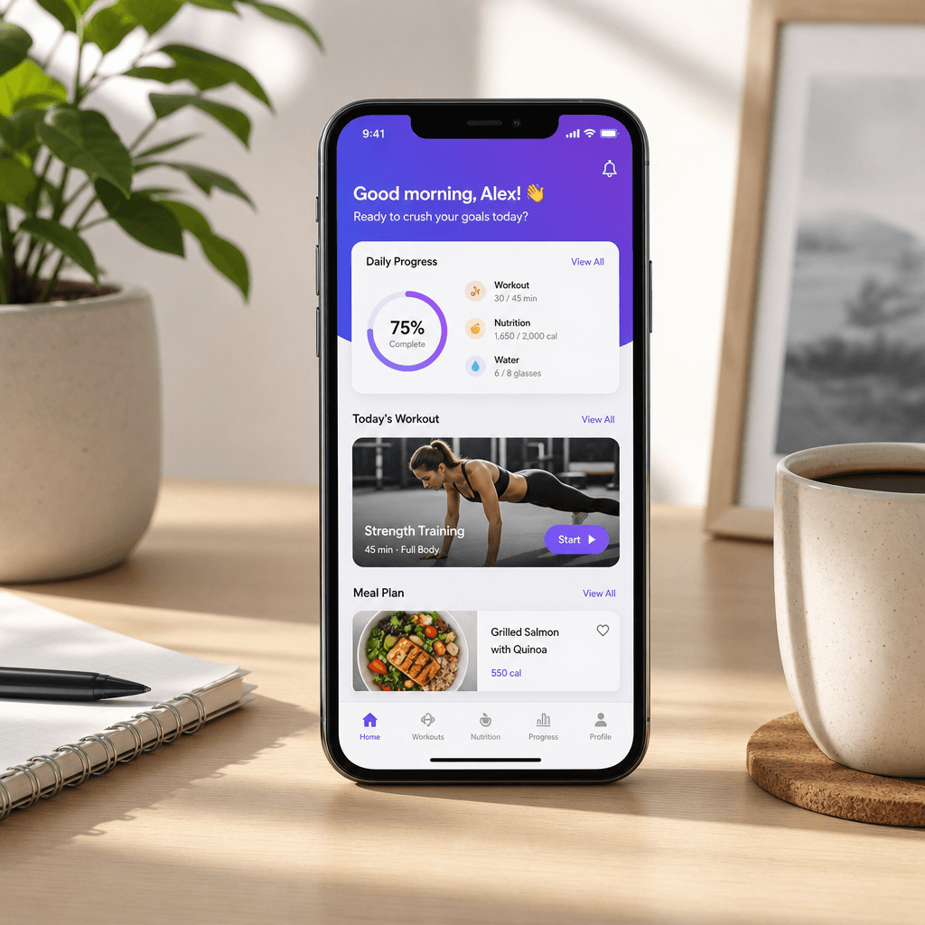 A realistic smartphone mockup displaying a vibrant app interface with a clean design. The mockup should be set on a mini