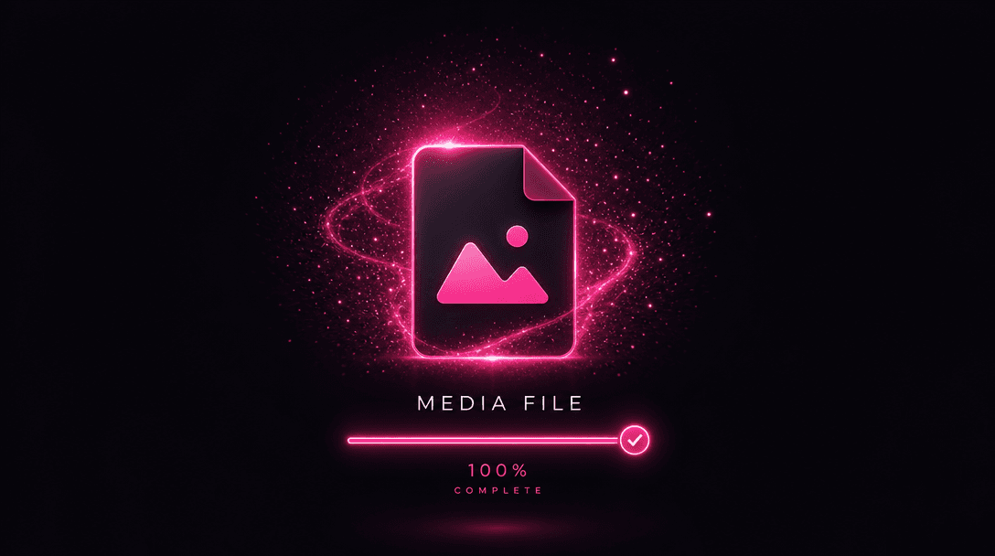 Media file icon appearing with elegant particle effects and loading animation glowing with hot pink accent (#FE28A7) on