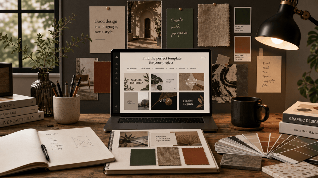 An atmospheric scene depicting customizable templates, showcasing various design elements and textures in a creative wor