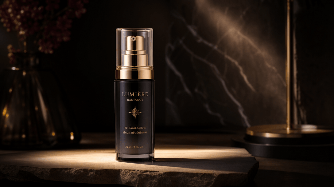 Professional beauty product lighting setup, soft directional light, mood lighting creating drama and sophistication, dar