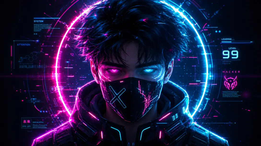 Finished cyberpunk portrait with full neon effects and holographic styling glowing against dark background, sci-fi profe