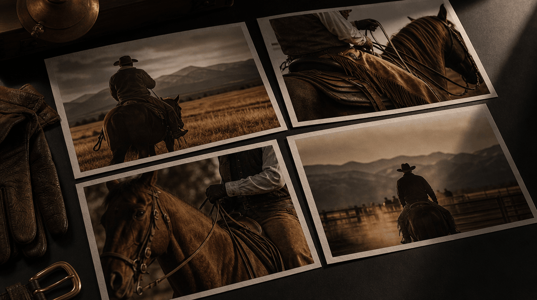 Four physical photographic prints arranged as a refined ranch portrait series on a near-black matte table, each print sh