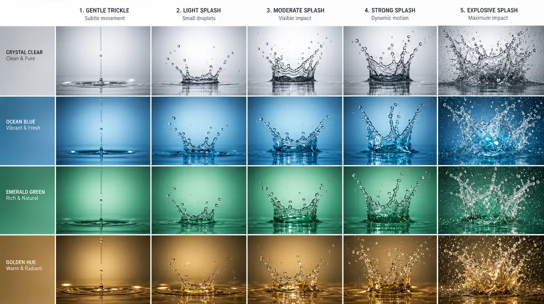 Different splash intensity variations displayed side by side - gentle trickle to explosive splash - with various water c