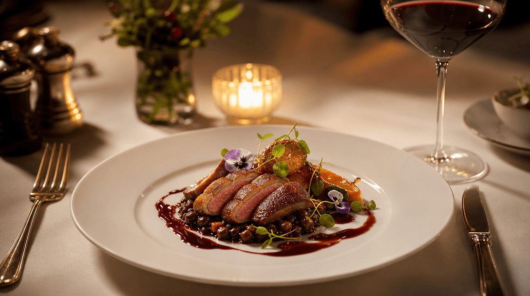 Gourmet dish beautifully presented on restaurant table. Professional plating, table accessories, warm soft lighting crea