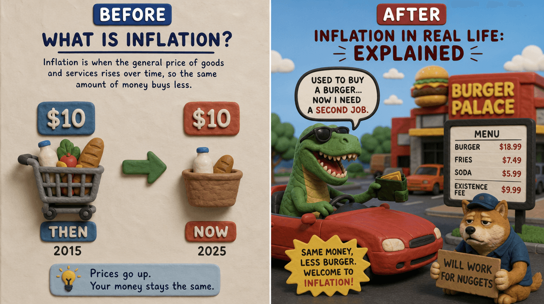 Split screen showing before/after concept explanation, clay visualization on one side, humorous absurd scenario on other