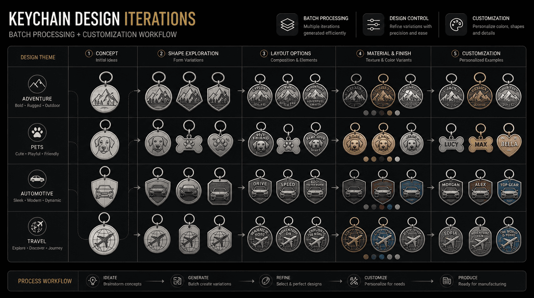 Organized grid or timeline showing multiple keychain design iterations from batch processing. Design variations, layout