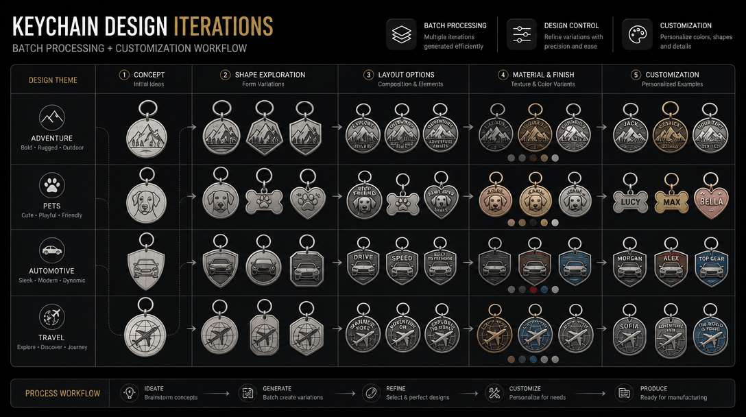Organized grid or timeline showing multiple keychain design iterations from batch processing. Design variations, layout