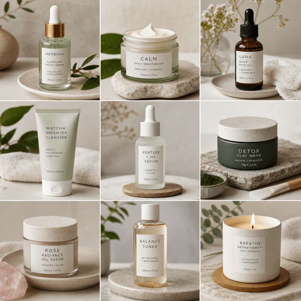 Nine skincare and wellness products arranged in tic-tac-toe grid, serums, creams, masks displayed with soft natural ligh