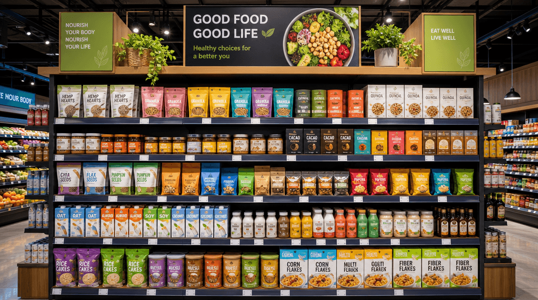 Vibrant supermarket shelf display with products, modern retail aesthetic, bright organized shelving, contemporary store