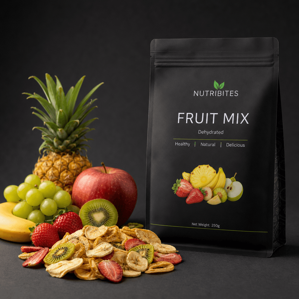 Minimalist fruit arrangement. Clean composition with matching fruit pile and product on dark surface, professional studi
