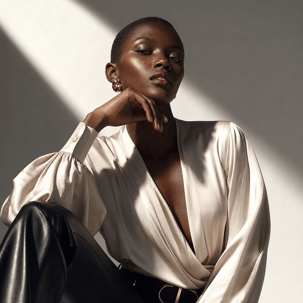 Fashion editorial portrait: dramatic directional side lighting, bold refined styling, polished makeup, confident dynamic