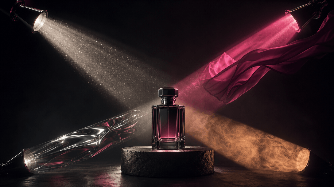 Four distinct beams of cinematic light converging on one hero product in a dark studio, each beam creating a different m