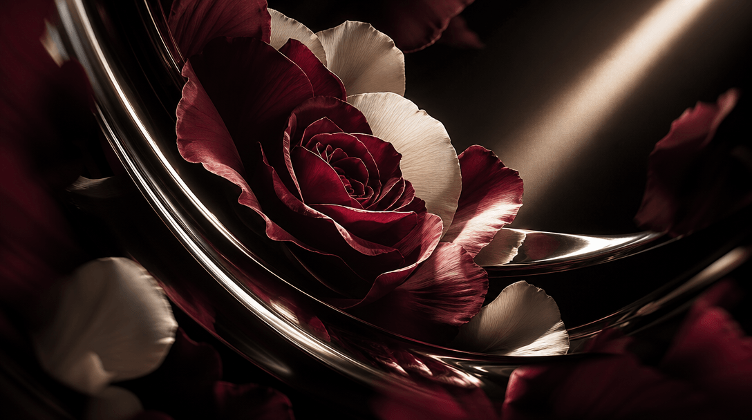 An abstract floral hero composition with layered rose petals, sweeping chrome arcs, and a single sharp beam of warm ligh