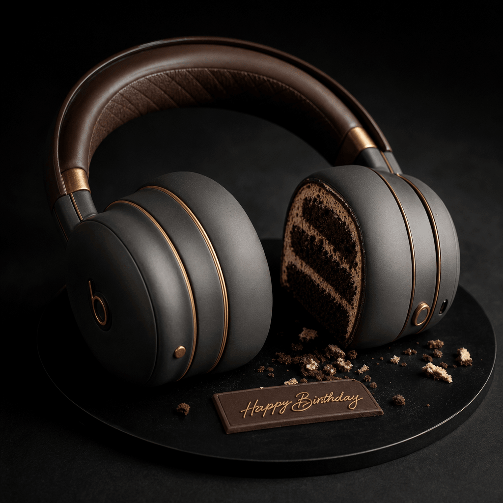 A set of wireless over-ear headphones reimagined as a sculptural cake — the headband arch recreated in dark chocolate ga