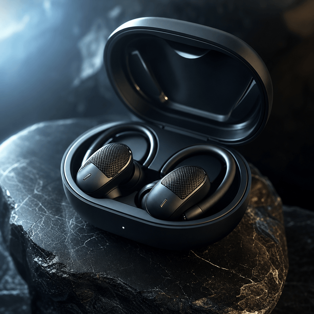 Cinematic product ad still: sleek wireless sports earbuds in an open charging case resting on polished dark stone, cool