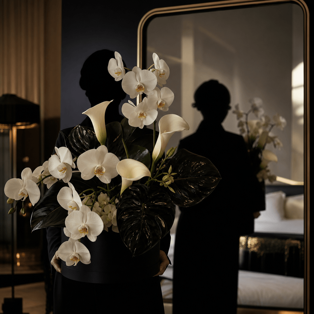 An elegant orchid and calla lily arrangement held before a smoked mirror in a boutique hotel room, person shown only as