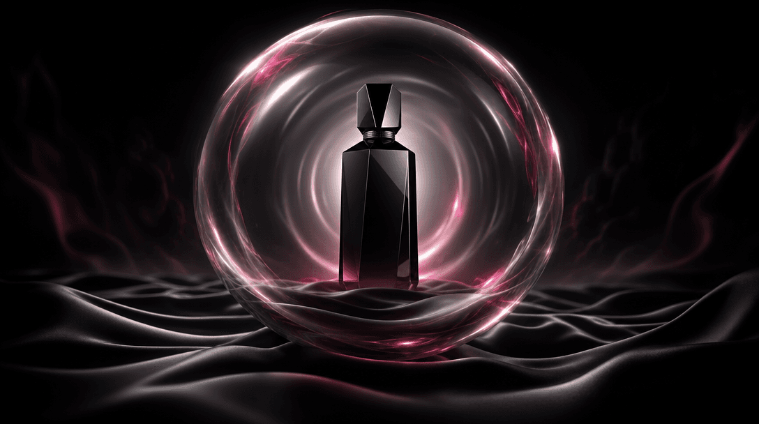 A single polished product silhouette enclosed inside a vast translucent dream bubble hovering over black satin terrain.