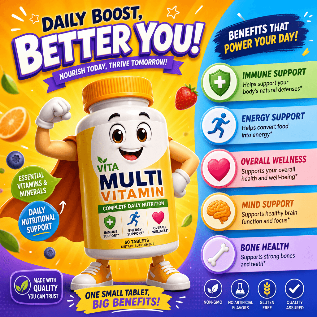 An animated vitamin bottle character, showcasing its features and benefits in an engaging way, with a colorful and energ