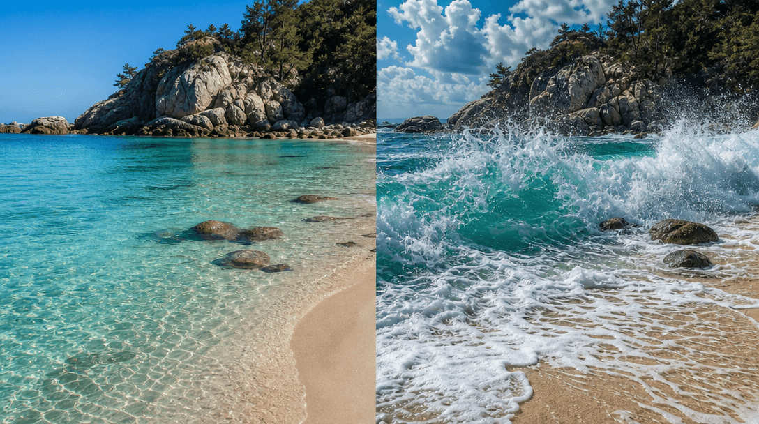 Split-screen beach vibes: left side calm crystalline turquoise water, right side dramatic action waves and white foam. S