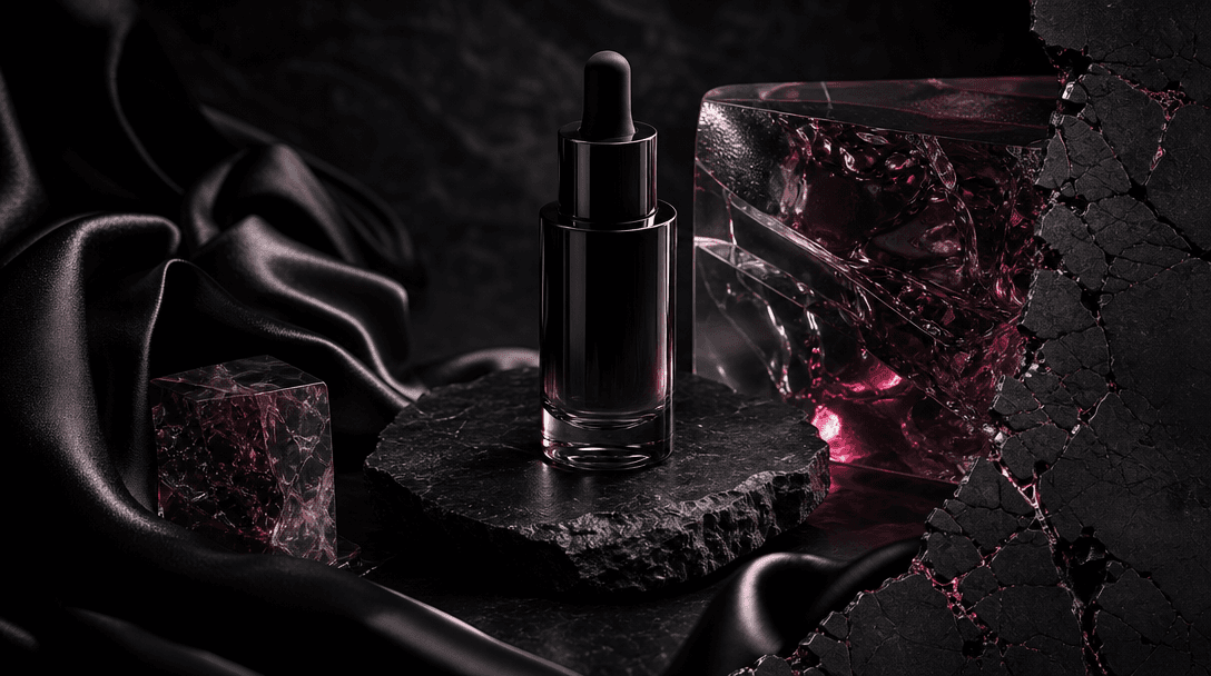 A refined beauty product silhouette on black stone, surrounded by folded satin, translucent resin, and controlled pools