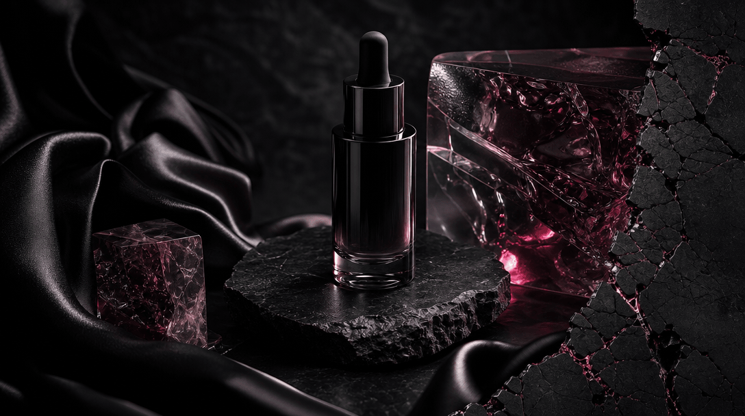 A refined beauty product silhouette on black stone, surrounded by folded satin, translucent resin, and controlled pools