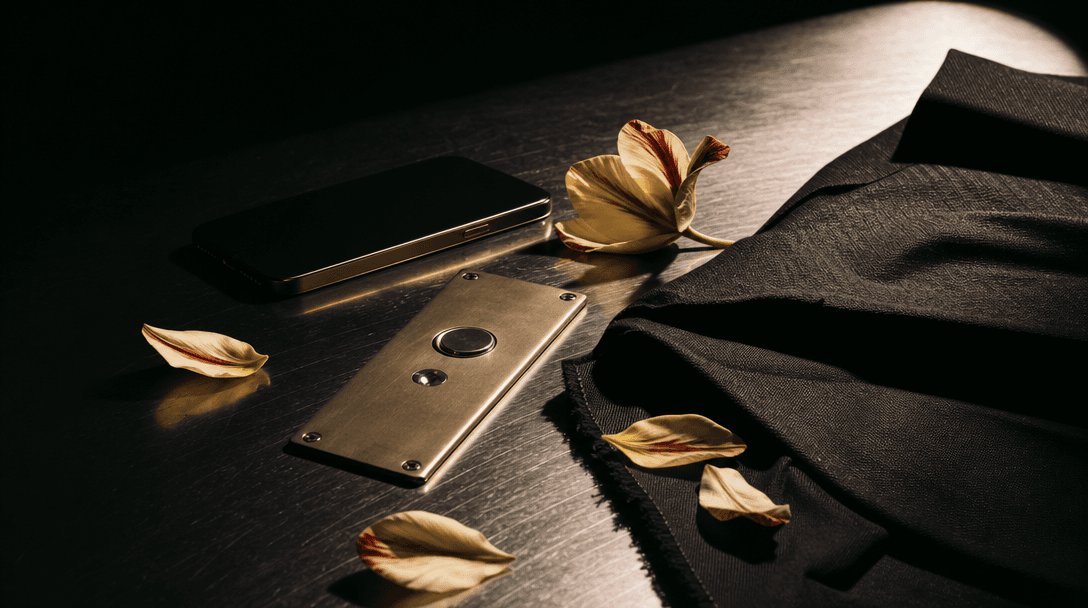 A cinematic still-life suggesting an ordinary moment becoming a fashion campaign: a smartphone, polished metal elevator