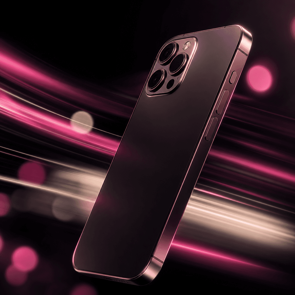 Cinematic close-up of a smartphone in motion, light trails and motion blur streaking across a deep dark background. Hot